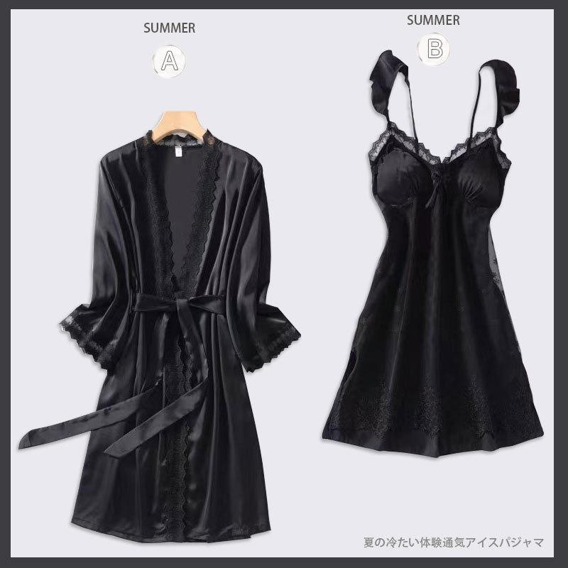 Pajamas Female Sexy Ice Silk Thin Ins Wind Summer New Lace Nightdress Two-piece Loungewear Spring and Autumn