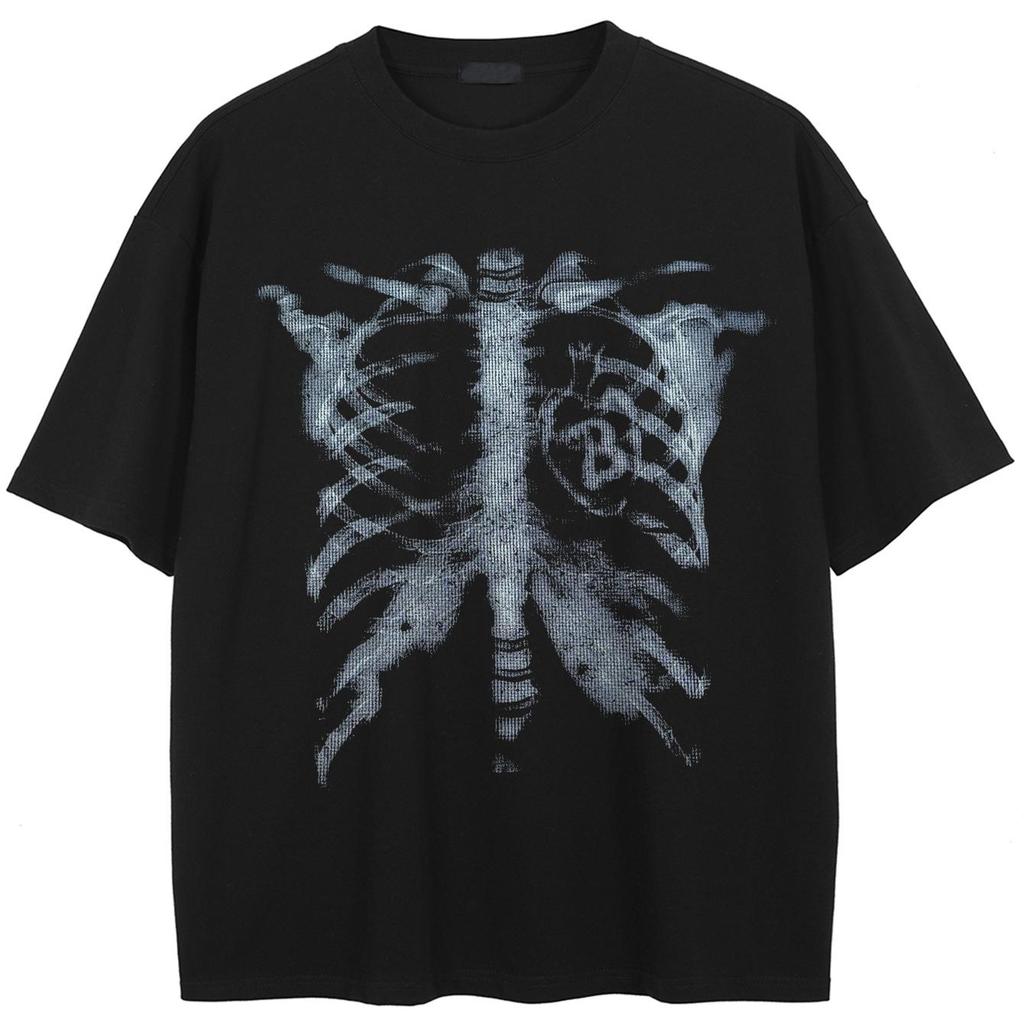 Streetwear Bothsides X-rays Graphic T-Shirt Cotton Washed Black Tshirt Unisex Short Sleeves T Shirt