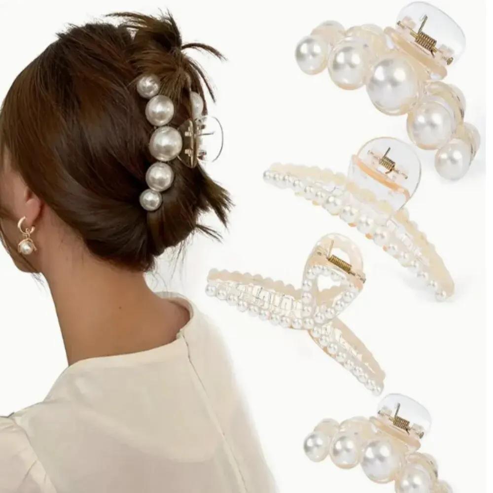4Pcs Large Shark Hair Clips with Pearl–Jumbo Anti-Slip Hairpins for Thick Hair,Elegant Simple Design,Women's Bun&Ponytail Holder
