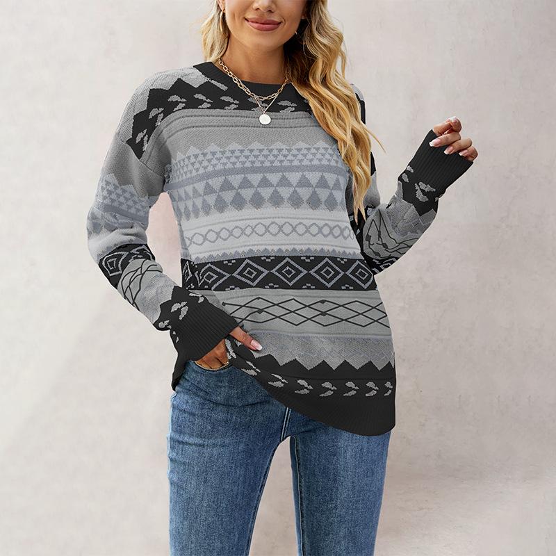 Autumn/Winter 2026 Women's Retro Diamond Jacquard Multicolor Patchwork Knit Pullover Sweater