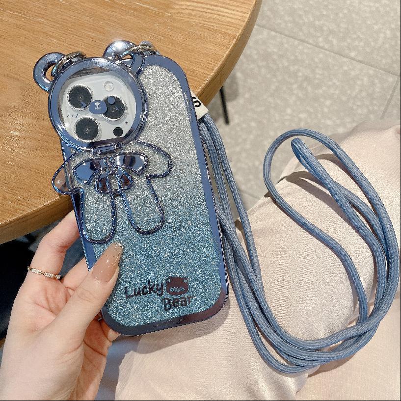 Glitter Lanyard Silicone Case with Bracket for iPhone 13/14/15 Pro Max & 16