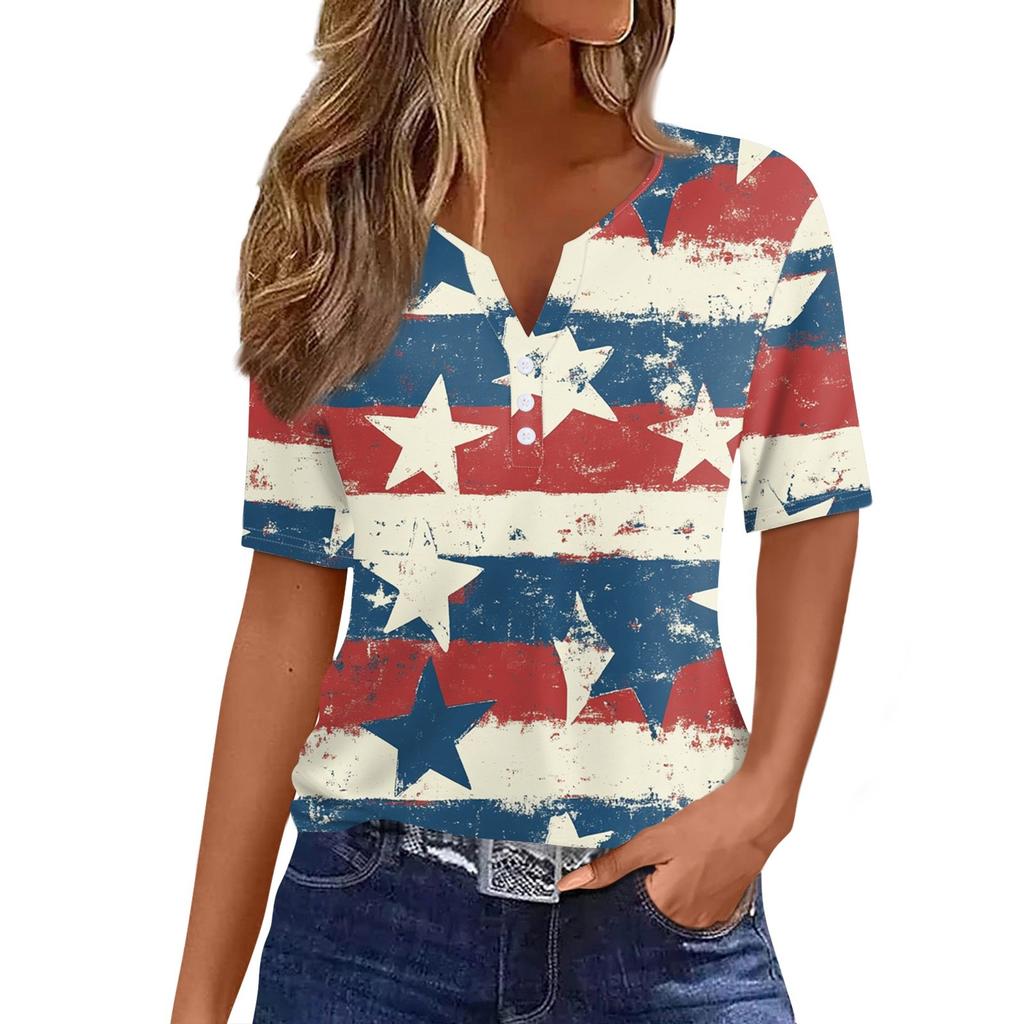 Women's T Shirt Tee Independence Day Print Button Short Sleeve Daily Weekend Fashion Basic V-Neck Regular Top