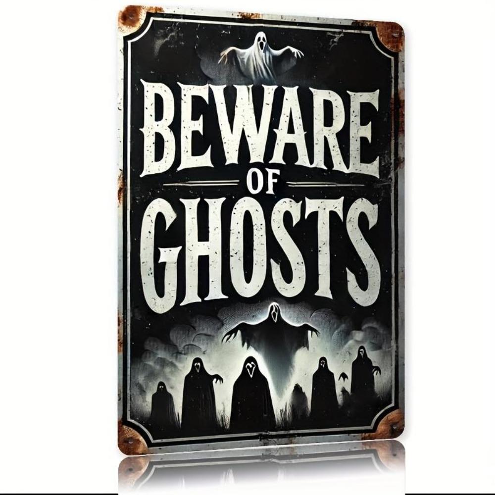 Vintage Beware of Ghosts Metal Tin Sign Rustic Iron Wall Decor with Spooky Scene Perfect for Home Bar Cafe Garage Far