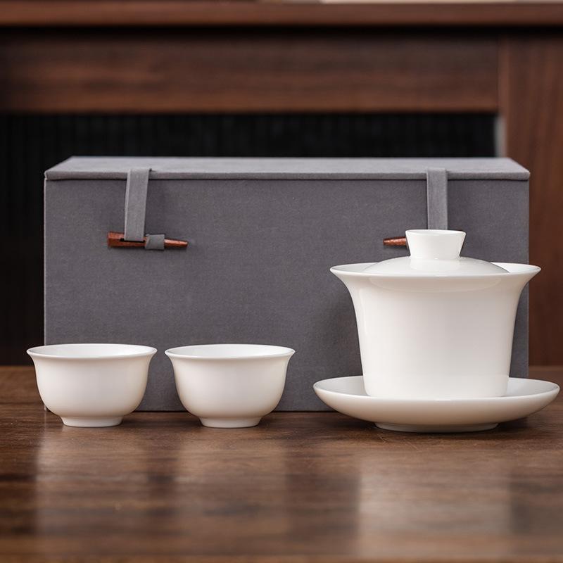 Hover Cover Bowl Suet Jade Porcelain White Porcelain High-end Three Talents Brewing Tea Bowl One Pot Two Cups Gift Box Light Luxury Boutique Tea Set