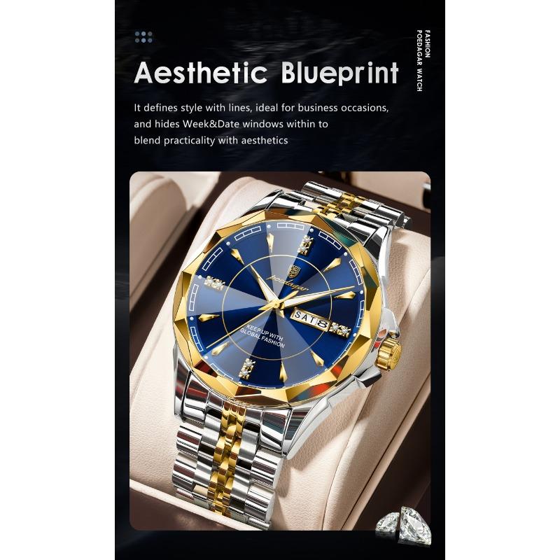 POEDAGAR Top Fashion Man Clock Business Waterproof Luminous Date Week Wristwatch Quartz Stainless Steel Casual Watches