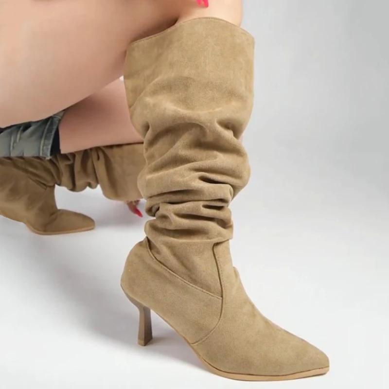 Fashion Vintage Thin High Heel Knee High Boots Women 2025 Sexy Pointed Toe Long Black Boots Woman Slip On Pleated Faux Suede Botas Mujer