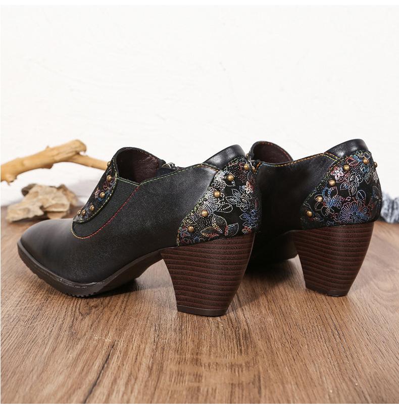 Johnature Genuine Leather Ethnic Style Pumps Women Shoes Handmade Fashion Rivet Side Zipper High Heels Ladies Shoes