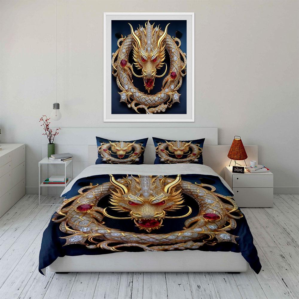 Golden Dragon Decorative Set Bedding Set with 1 Duvet Cover 2 Pillowcases Single Double King Queen Gift