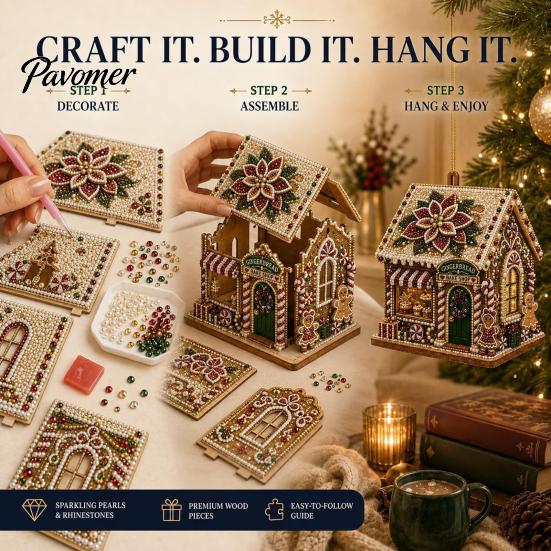 DIY Holiday Craft Set 3D House Christmas Faux Pearl Art Kit, Handmade Rhinestone Painting Kit Relaxing Activities for Adults Adults, Tabletop