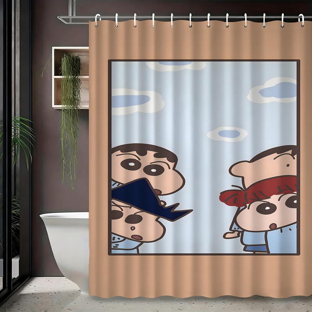 Crayon Shin-chan & Friends with Shiro 2D Print Waterproof Shower Curtain, Green Anime Bathroom Decor with Hooks 1pc-90x180
