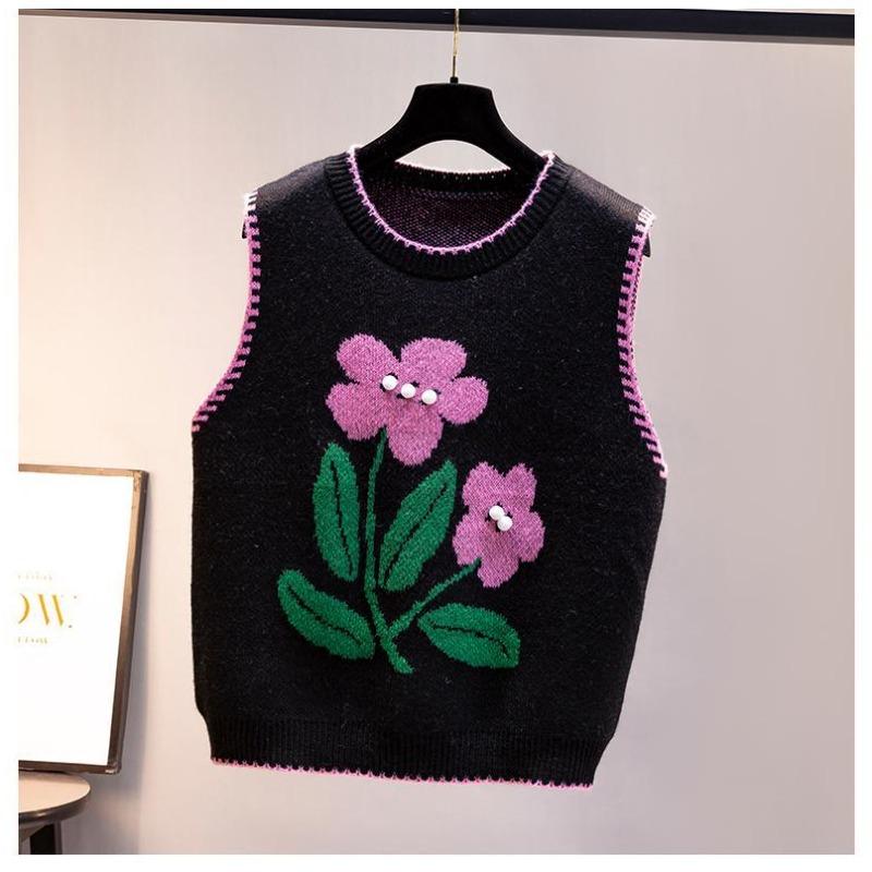 Round Neck Knitted Vest Embroidered Flowers Splicing Color Design Women's Knitted Pullover Sweater Loose Casual Top Autumn