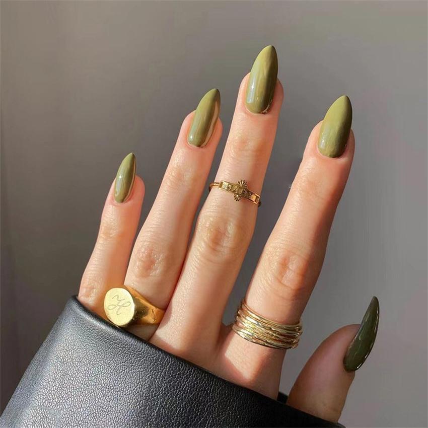 24 Pcs Medium Long Solid Almond Press On Nails Full Coverage Removable Fake Nails Art Wearable False Nail Set