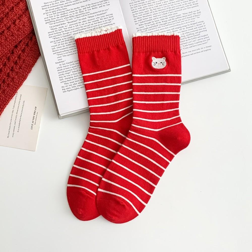 5 Pairs Soft Polka Dot Socks Breathable Stripe Socks Kitten Red Socks  Spring Festival