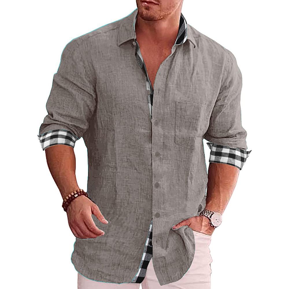 New Oversize  Fashion Men's Clothing Splice Button Lapel Long Sleeve Simplicity Solid Color Beach Shirt