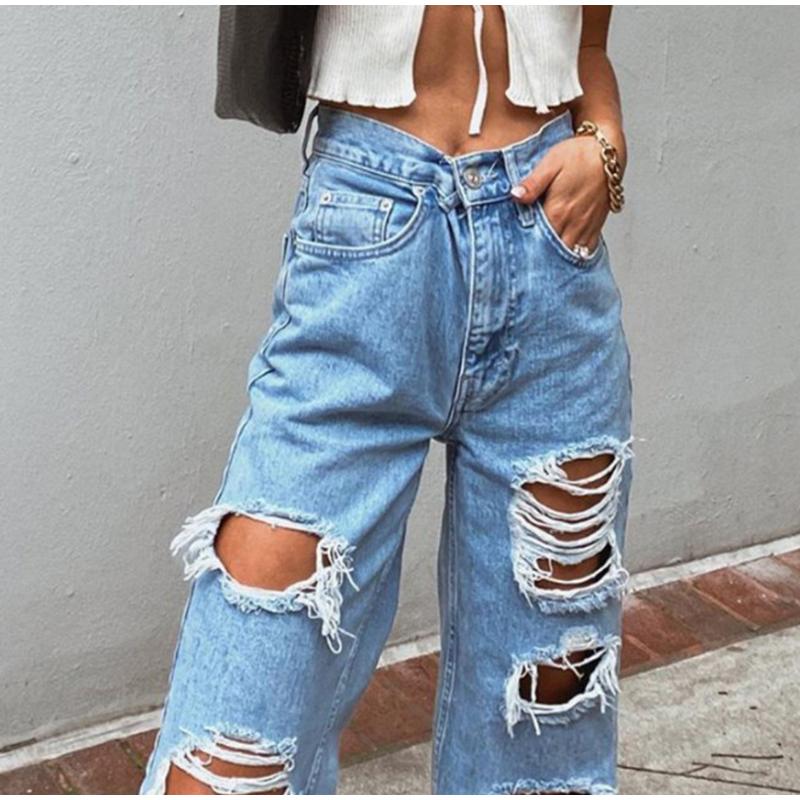 Jeans da donna vintage strappati Distressed Streetwear Buco Hip Hop Pantaloni a vita alta Moda Pantaloni dritti in denim Estate Jean