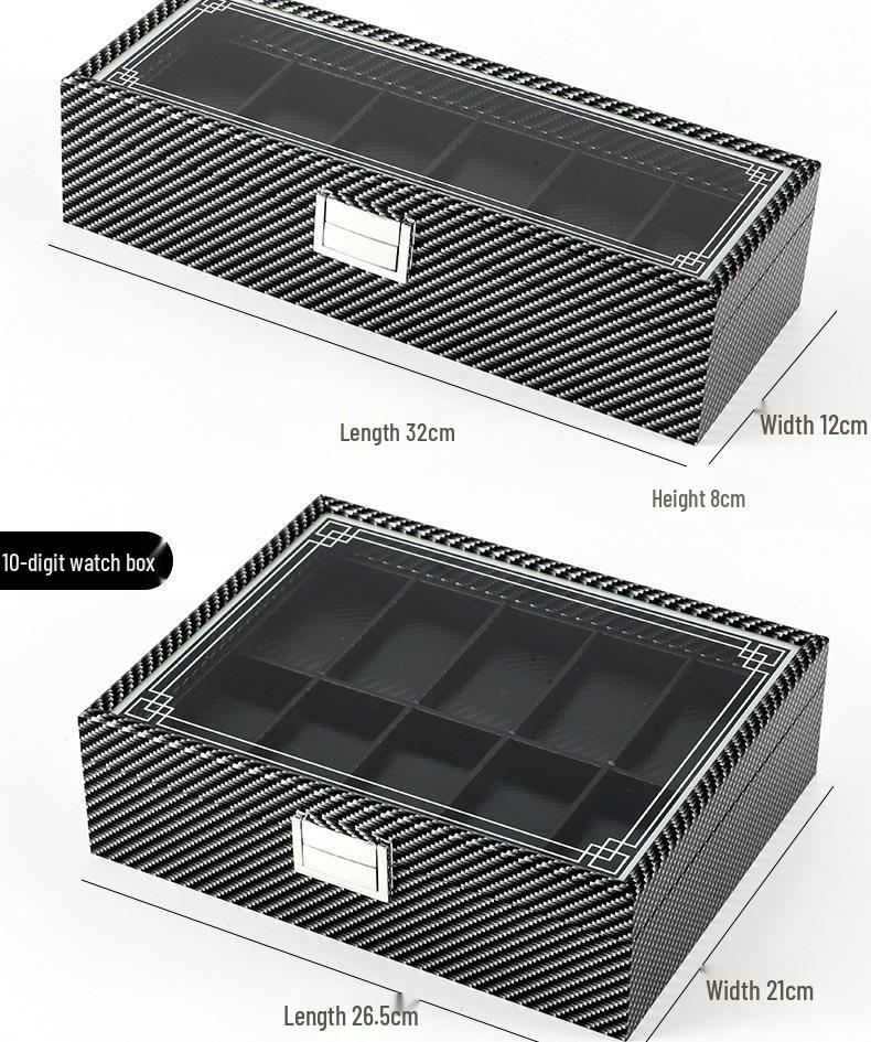 Large Capacity Carbon Fiber Watch Display Box with Transparent Skylight