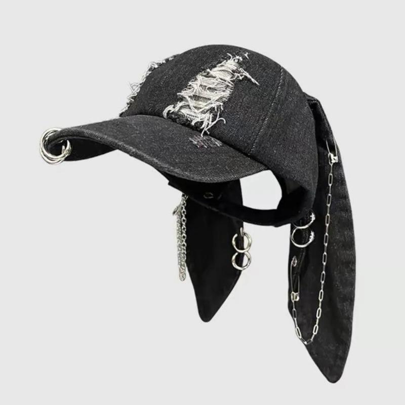 1PCS Distressed Design Baseball Caps Gothic Y2K Grunge Style Baseball Cap with Bunny Hat Chains for Men Women Fashion Decoration