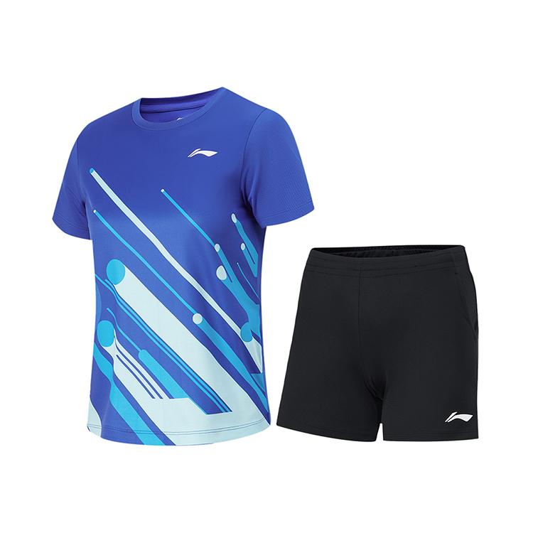 Li Ning Geometric Gradient Round Neck Top And Comfortable Shorts Casual Sports Set Unisex sets Bright-Blue AATU048-11