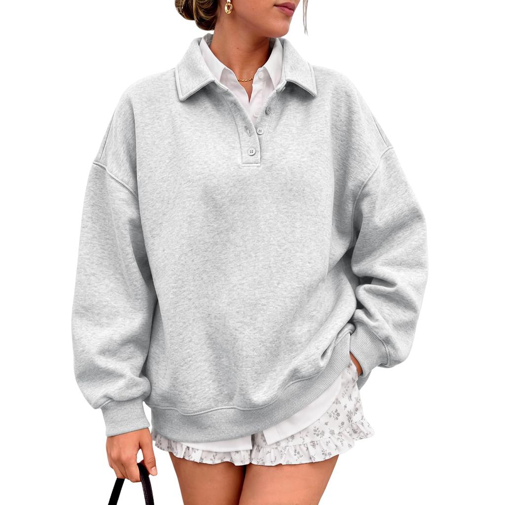 Women's Casual Loose Fit Button-Down Collar Long Sleeve Pullover Sweatshirt