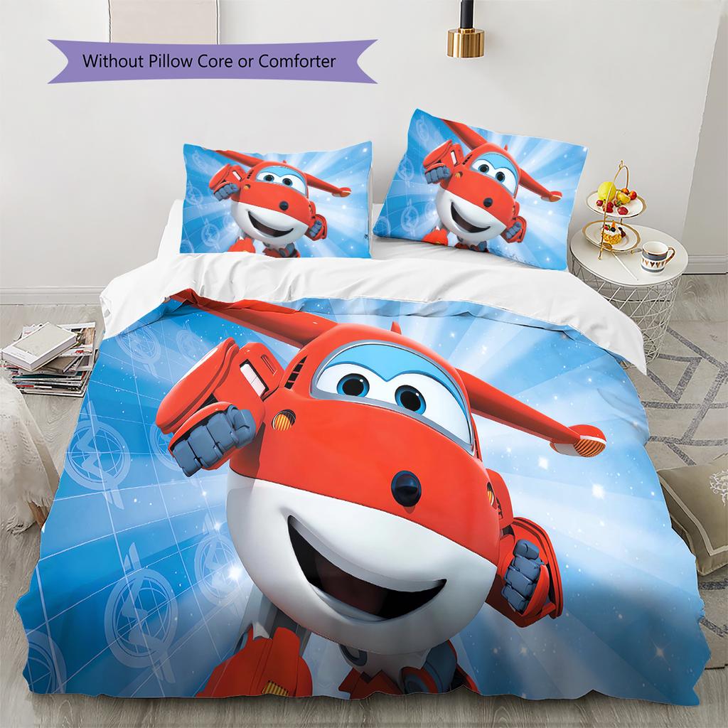 Super Wings Vzor Povlečení Sada Prošívaných Dek Quilt Cover Povlak na Polštář Domácí Dekorace Dárek (1 * povlak na peřinu + 2 * povlak na polštář, bez jádra)