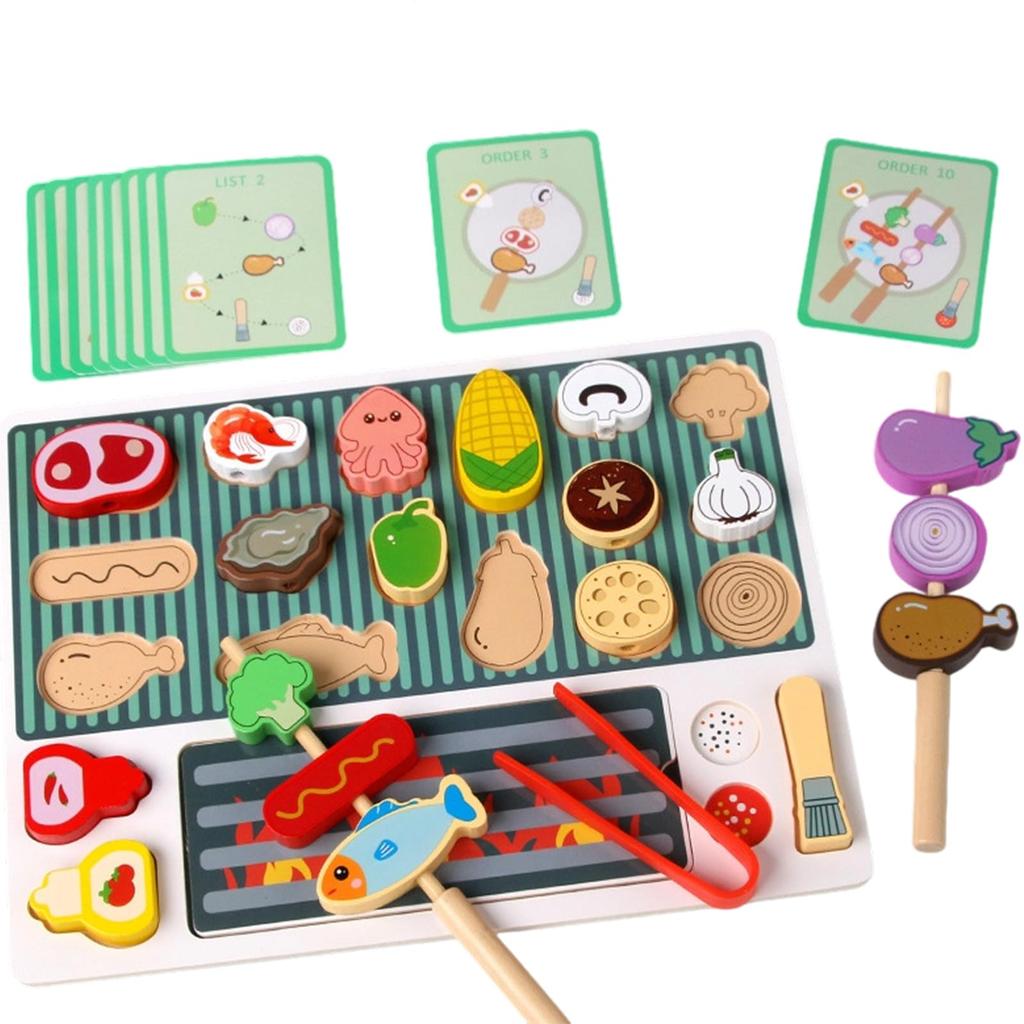 BBQ Puzzle, Montessori Toy, Educational Wooden Toy, Shape Matching, Threading, Stringing, Food Puzzle, Kids Pretend Play Game, Educational Early