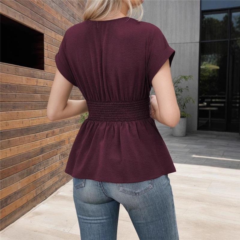 Damen V-Ausschnitt Kurzarm Peplum Bluse Lässig Wickel Taille Slim Fit Sommer T-Shirt Top