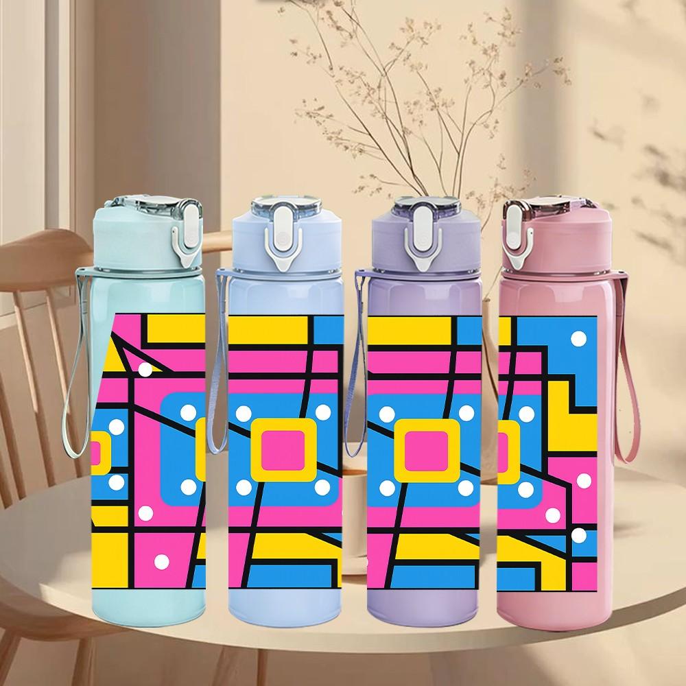 1PC Bright Geometric Square Mosaic Print 750ml Color Plastic Sports Water Bottle Leakproof Flip Straw Lid Suitable for Sports Office Home Use