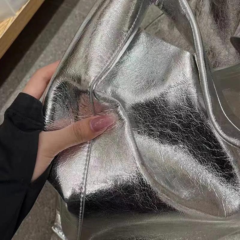 Large Capacity Silver Bags for Women and Designer Luxury Brand Shoulder Shopping Handbags  New In Soft Tote PU Leather