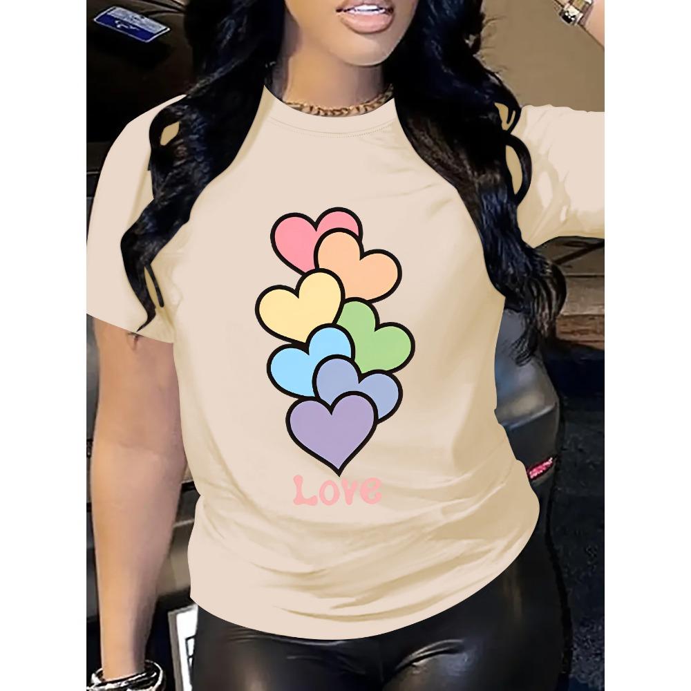 Women's Casual Sporty Short-Sleeve T-Shirt with Colorful Heart Print Love Text Round Neck Fit for Summer TShirts