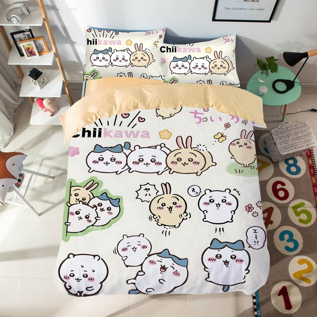 Cartoon Chiikawas Cute Themed Bedding Set Colorful Print Polyester Student Dormitory Bed Sheet Quilt Cover Kid Gift Home Textile