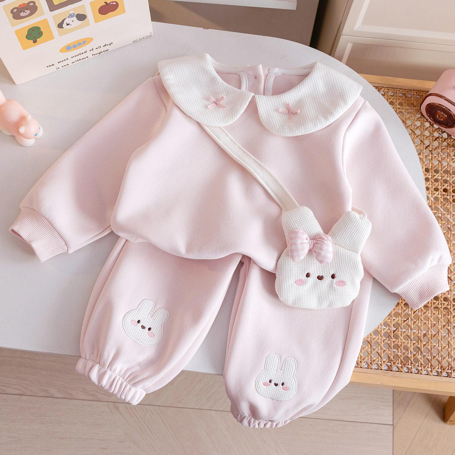 Girls Spring Autumn Sweet Peter Pan Collar Sweatshirt Set With Cartoon Bunny Pants Cute Two Piece Outfit For Toddler Kids 80cm