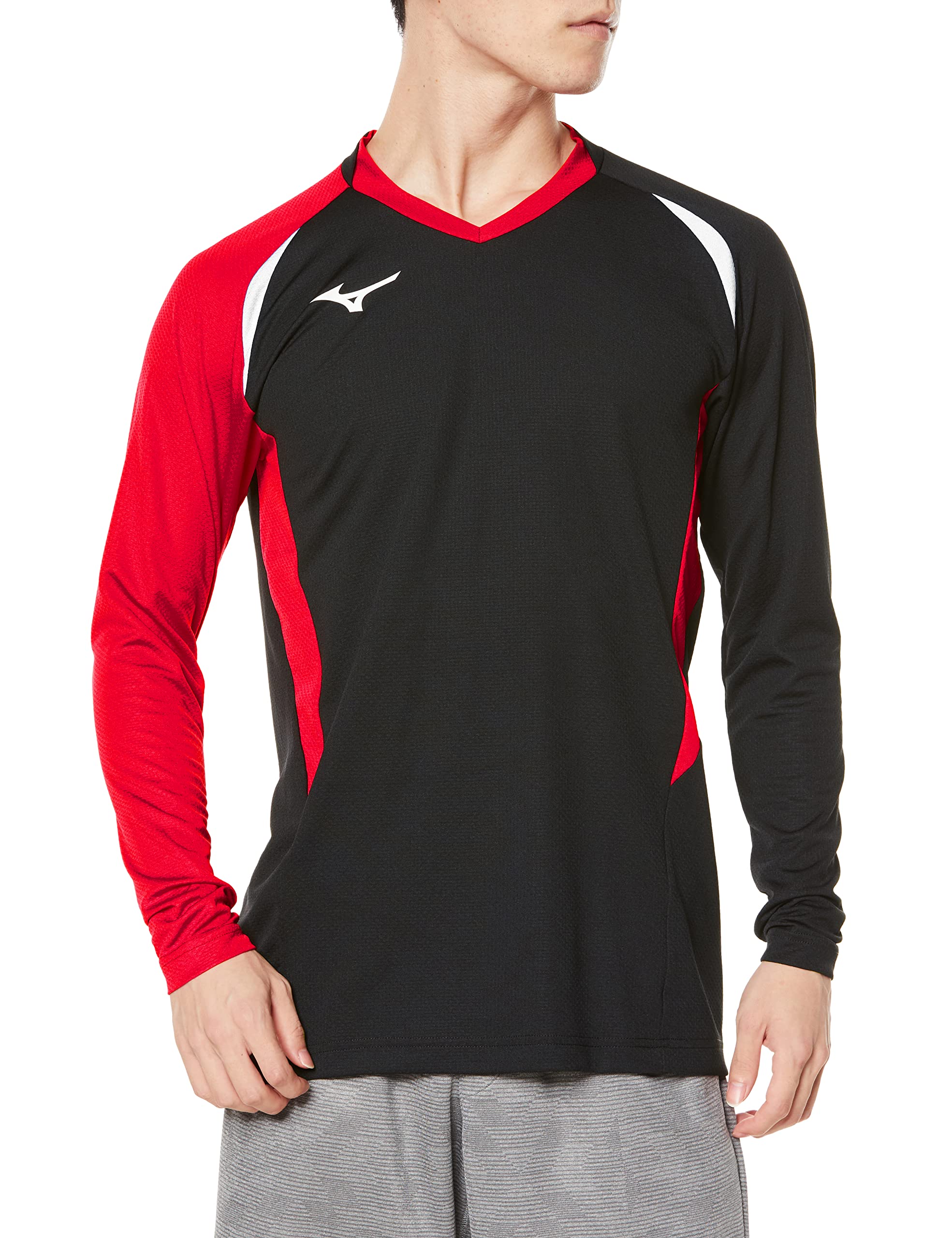 

Mizuno Волейбольная игровая длинная футболка для юниоров Черный x Китайский красный x Размер 2XL, Рукав, Влагоотводящая, Быстросохнущая, В наличии, V2MA2122, Белый,