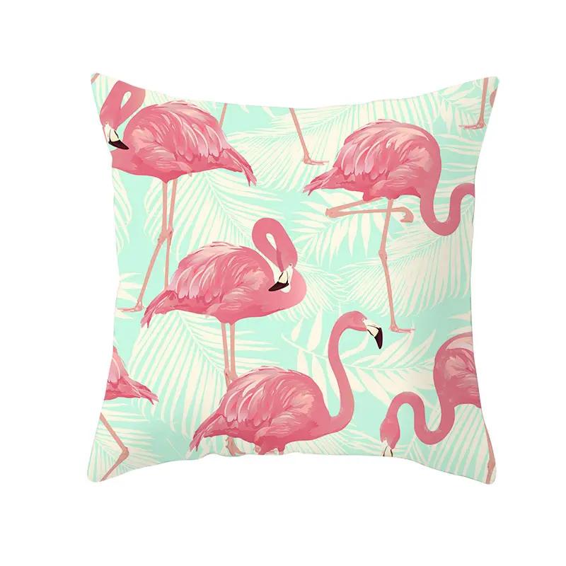 Housse de Coussin Décorative Flamant Rose Plantes Tropicales d'Été Feuilles Vertes Housse de Coussin à Jeter Housse de Coussin Flamant Rose
