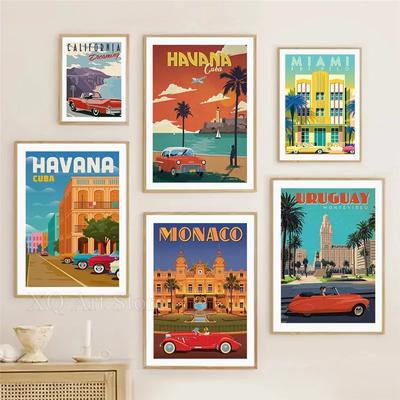 Vintage Miami California Canvas Painting Retro Travel Poster Tourist Scenery Wall Art for Living Room Decoration Home Decor