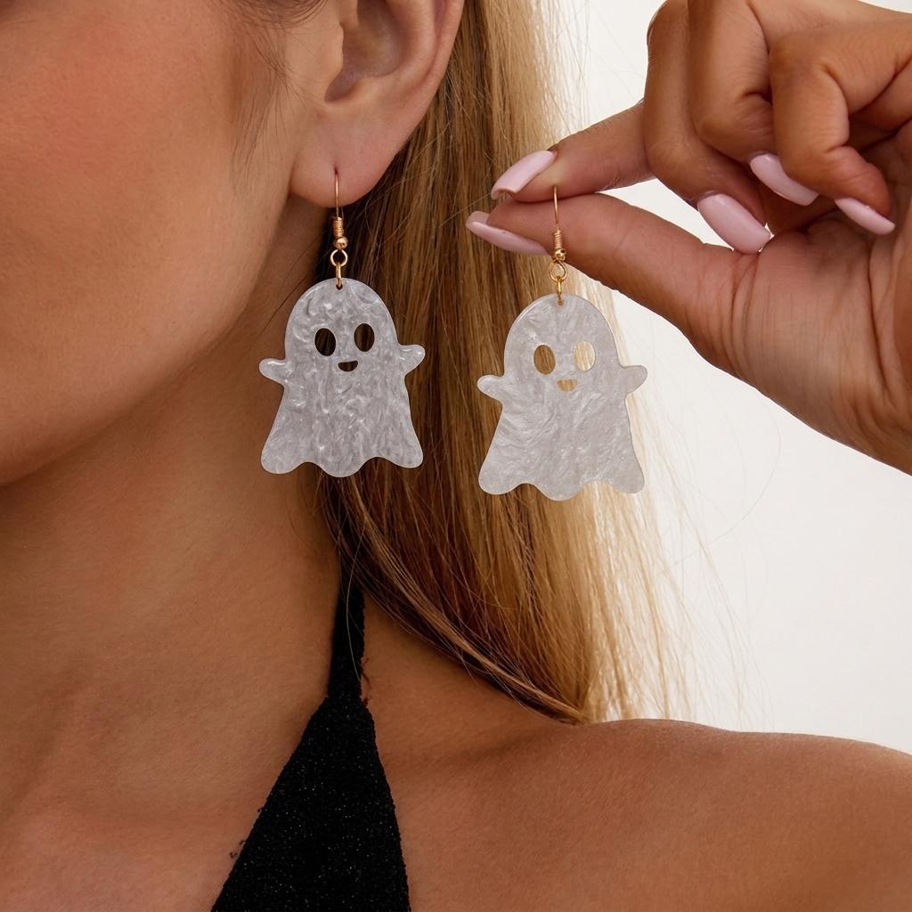 Cute Ghost Flower Pumpkin Acrylic Dangle Earrings for Women Dainty Cat Bat Drop Earrings Halloween Party Jewelry Gift