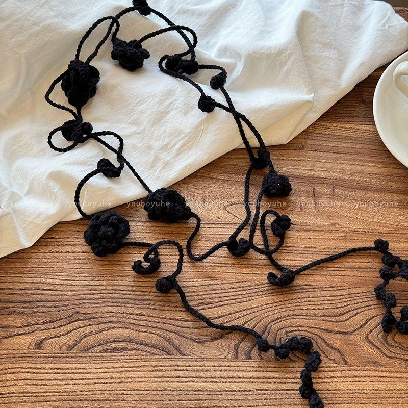 A Multi-Purpose! Black Flower Necklace Women Long Strip Gyaru Ribbon Scarf Niche Design Sense Chain Belt Accessories