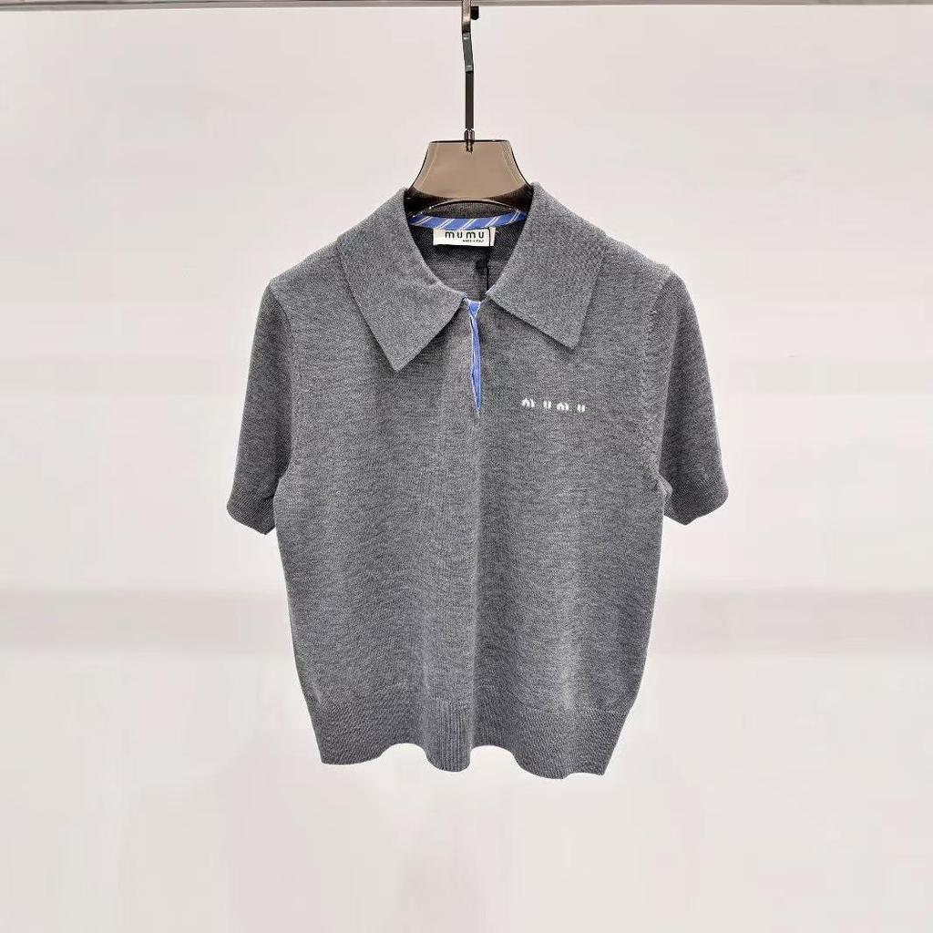 2024 Autumn Simple College Embroidered Short-Sleeve Polo Collar Knit Top