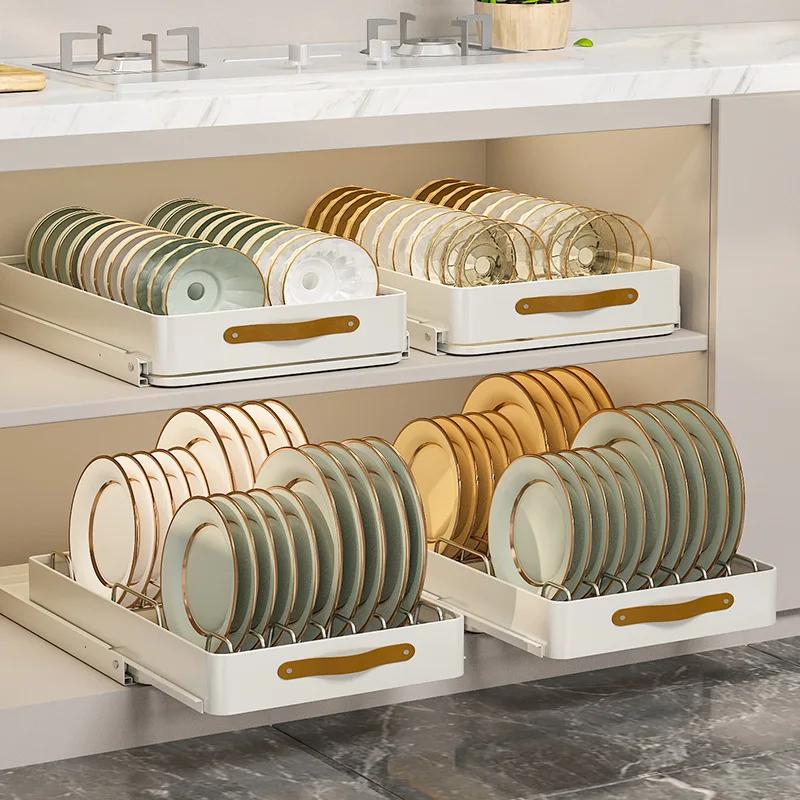 Kitchen Sliding Dish Bowl Storage Rack Cabinets Drawers  Drying Rack Kitchen Organizer Sink Tableware Accessories