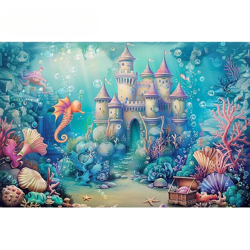Underwater World Backdrop Summer Mermaid Ocean Castle Kid Birthday Party Cake Smash Decor Banner Photography Background