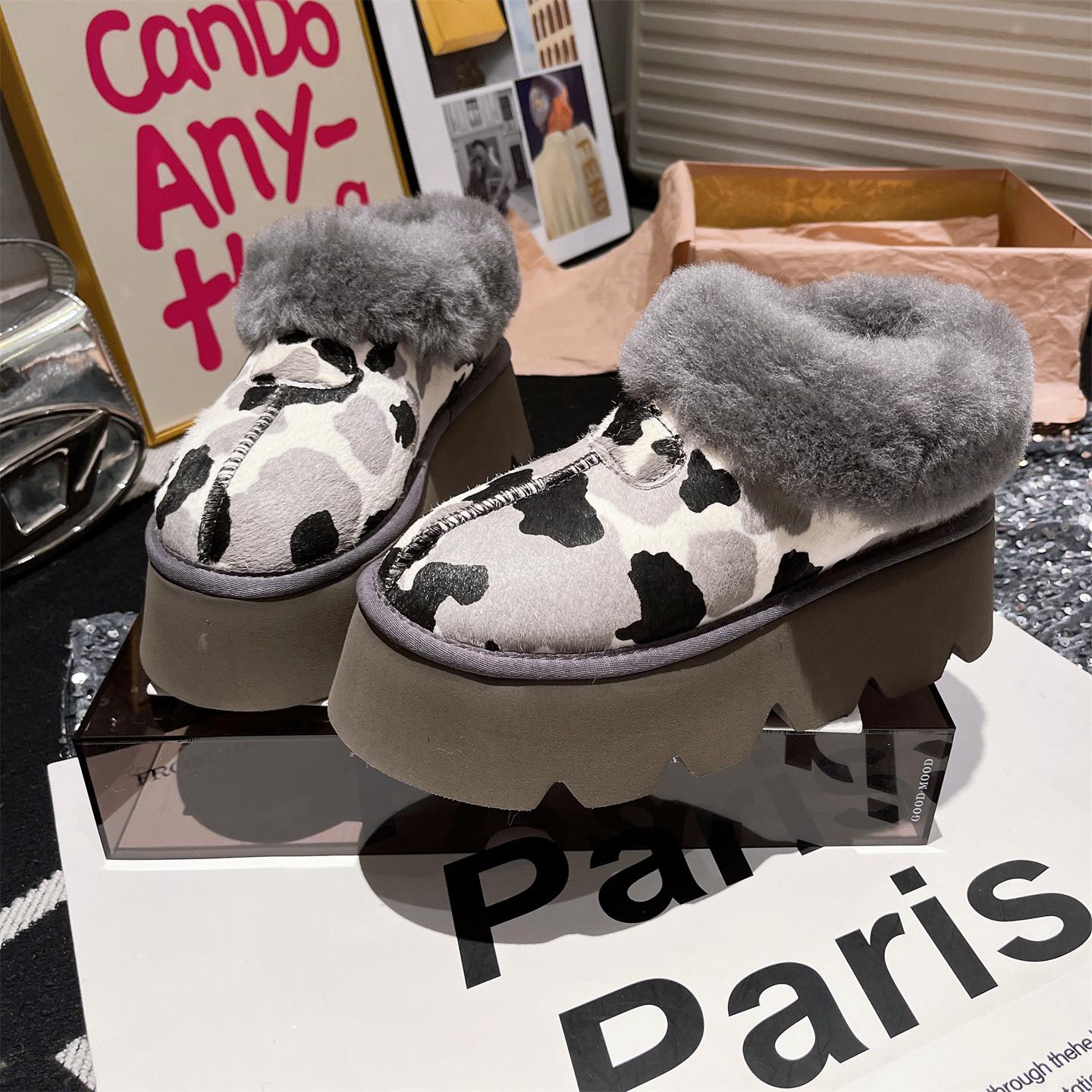 

Horse hair leopard print thick-soled muffin lamb wool shoes small cm one-pedal thickened snow cotton women s shoes 40