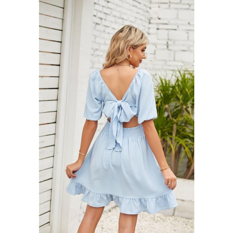 Summer Women's Solid Colour Square Neck Short Sleeve Loose Backless Tie Dresses
