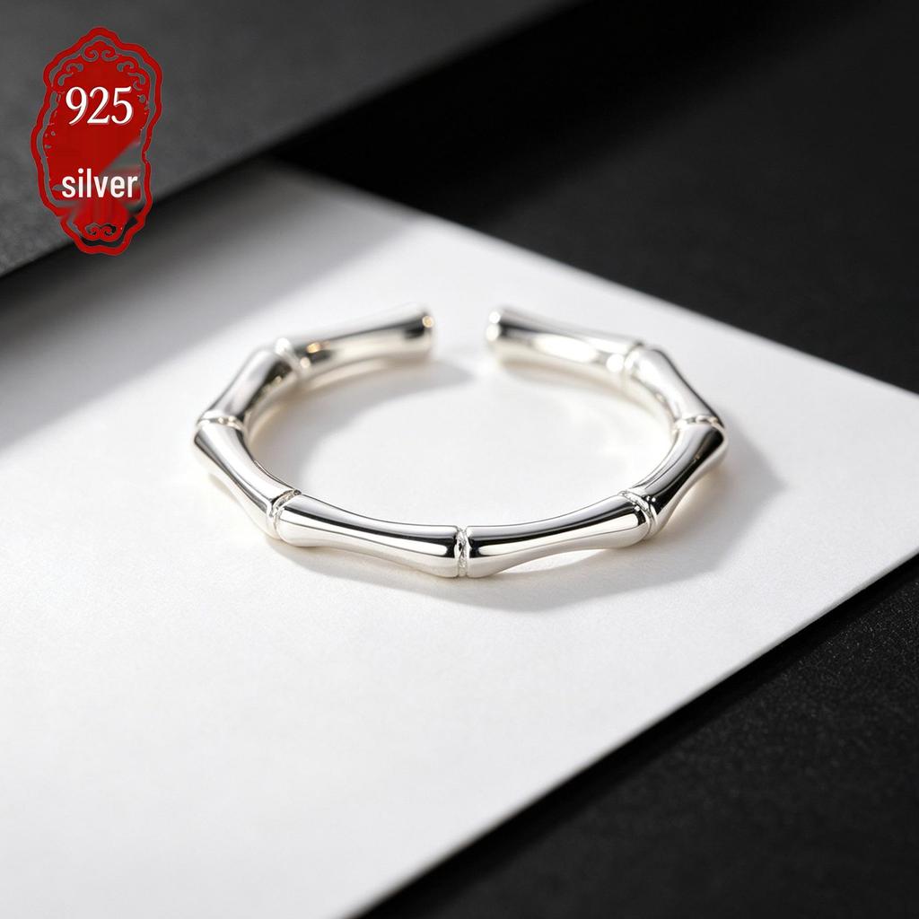 S925 Sterling Silver Adjustable Bamboo Ring - Chinese Style Luxury Index Finger Ring for Women