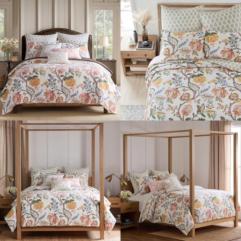 Floral Dusty Rose Quilt Set - Twin Size with Standard Sham - Ochre, Blue, Green, Brown Tones - Bedding Ensemble