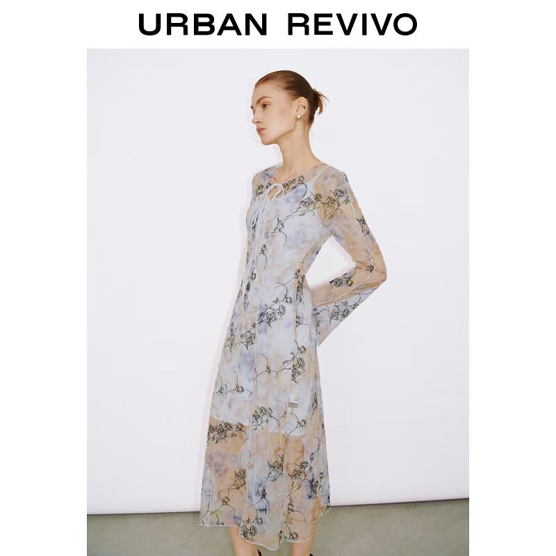 UR 2024 Spring Embroidered Floral Tie Long Sleeve Dress