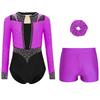 Girls Gymnastics Figure Skating Dance Set 3Pcs: Long Sleeve Keyhole Back Rhinestone Leotard with V-Front Shorts & Hair Band