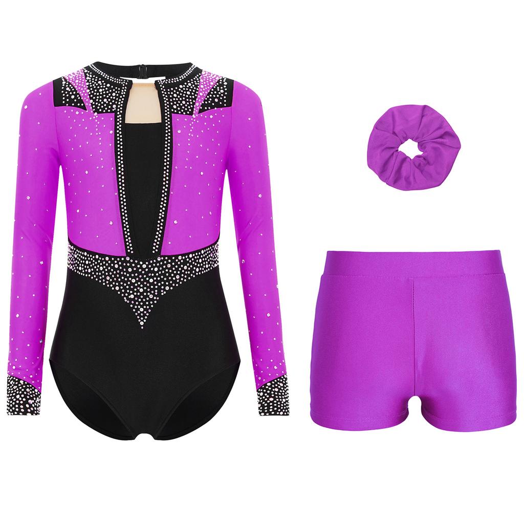 Girls Gymnastics Figure Skating Dance Set 3Pcs: Long Sleeve Keyhole Back Rhinestone Leotard with V-Front Shorts & Hair Band