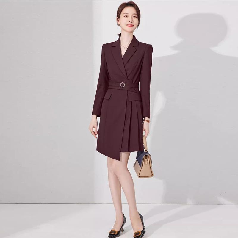 Spring & Autumn Professional Red Pleated Tie-Waist Mid-Length Women's Dress
