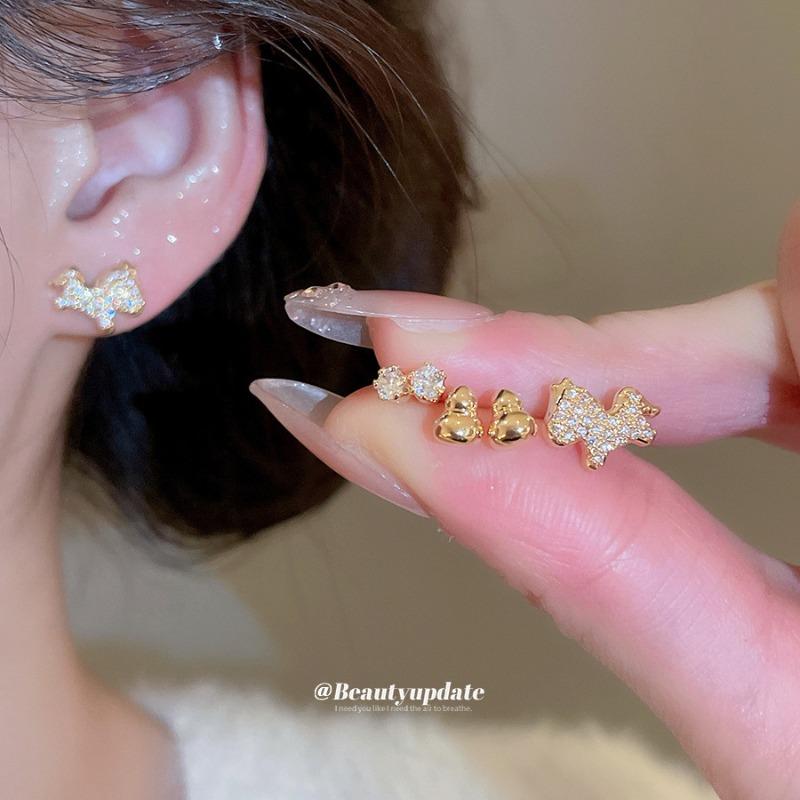 Silver Needle Zircon Gourd Pony Stud Earrings Set Natal Year Daily Versatile Temperament Earrings Light Luxury High-end Earrings