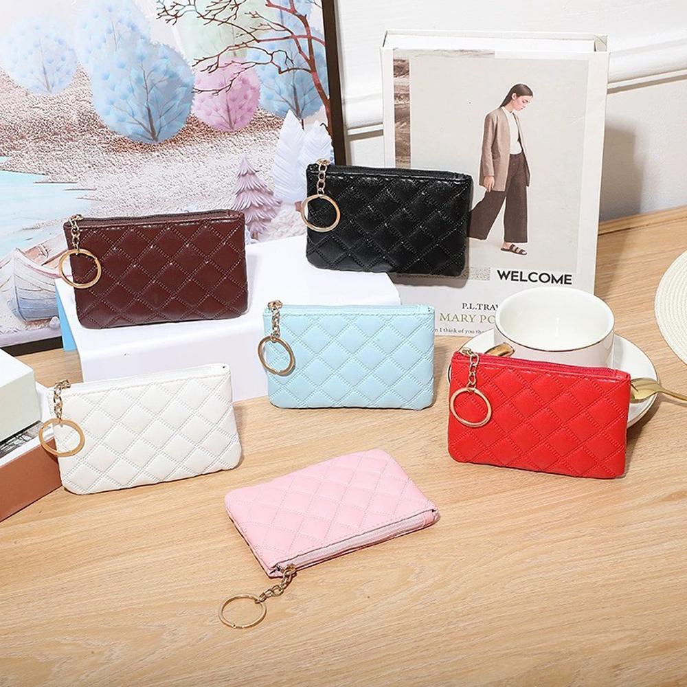 Black PU Mini Coin Wallet Classic Diamond-checkered Zipper Key Bag Money Pocket Purse Women Small Card Holder Coin Purse 6 Color