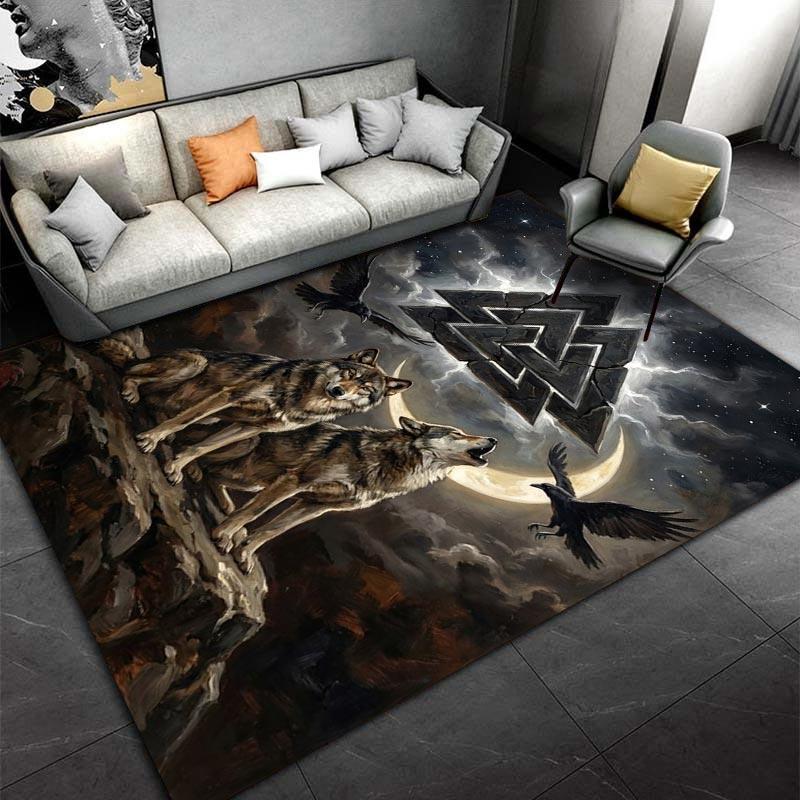 "Nordic Wolves Moon Ravens Valknut Symbol Rug for Living Room Decor" Suitable for Use As an Anti-slip for Living Room Bedroom Sofas